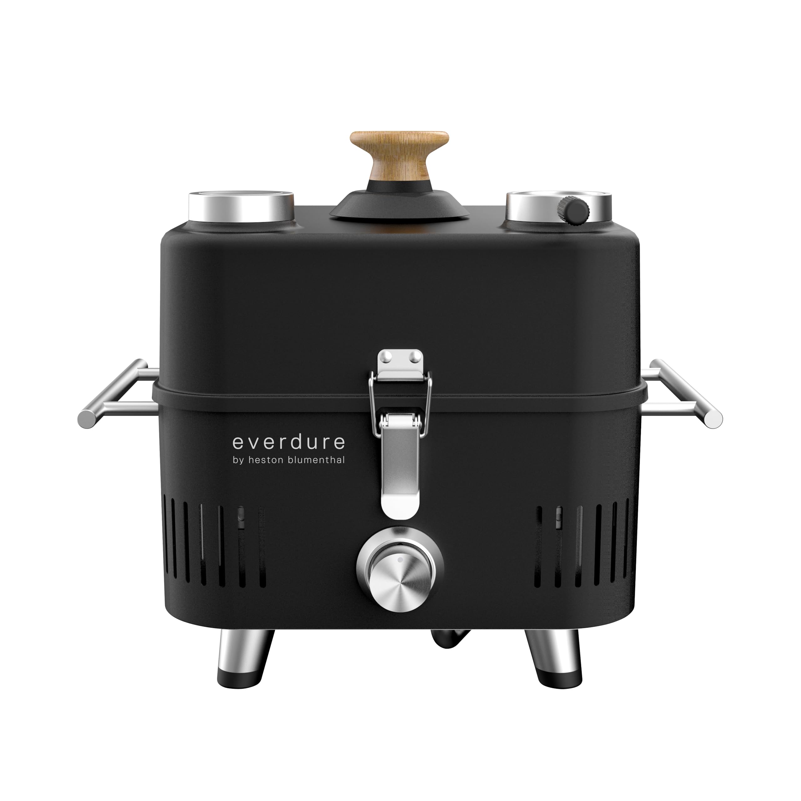 Everdure by Heston Blumenthal Cube Proflame 360 Portable Gas BBQ – Compact Outdoor Grill with Cast Iron Plate, Stainless Steel Burner, Roasting Hood, Temp Gauge & Cool-Touch Wooden Handles