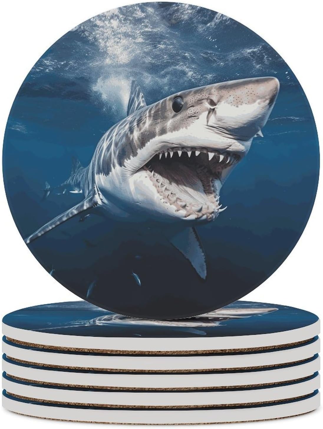 Great White Shark Opens Mouth Coasters for Drinks Absorbing Round Ceramic Stone Coaster with Cork Base Coffee Cup Beverage Table Cup Mat Modern Style Bar Coaster Set for Home Decor