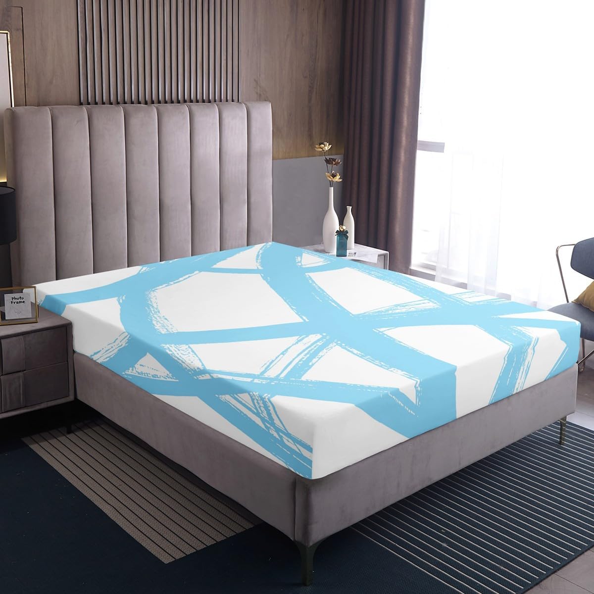 Erosebridal Blue and White Bed Sheets Full,Abstarct Fitted Sheet,Modern Stripes Lines Bed Set,Neutral Aesthetics Room Decor,3Pcs(1 Fitted Sheet,2 Pillowcases)