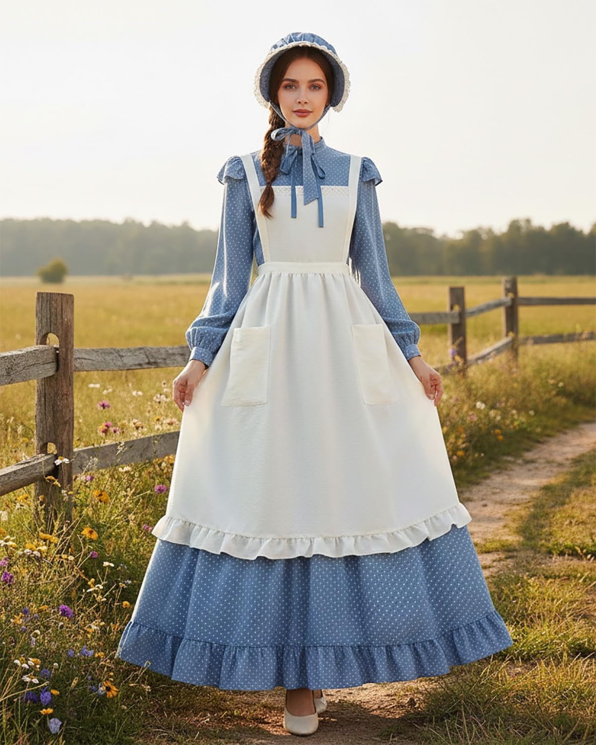 LTAKK Pioneer Dress Women Colonial Costume Prairie Pilgrim Dresses with Pinafore and Bonet