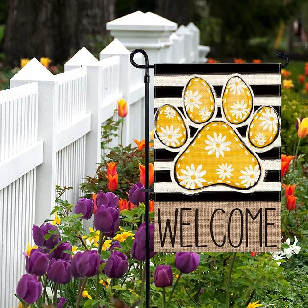 Bandiera da giardino primaverile con impronta di zampa, bandiere da giardino primaverile di benvenuto, zampa di cane con fiori margherite, decorazione