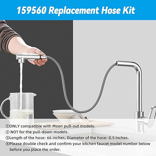 Miniatura 2 de 159560 Kit de manguera de repuesto compatible con grifos de cocina extraíbles Moen, 66 pulgadas, tuerca cromada, 159560 kit de manguera de