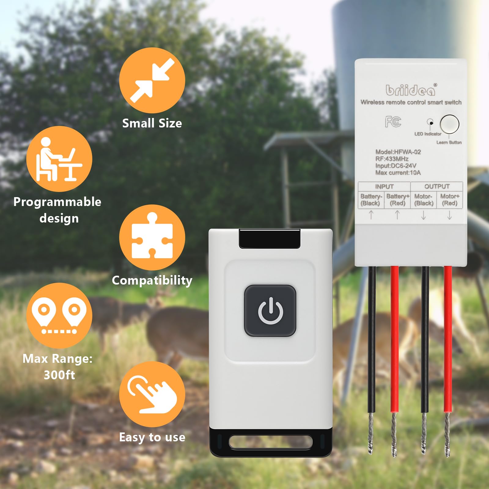 Briidea Feeder Activator Remote Control – Compatible with 6-24VDC Feeders, 300ft Range, Convenient Keychain Clip for Easy Portability