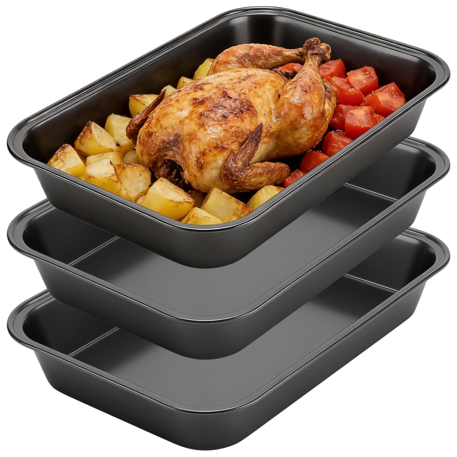 CHEUNGR 3 Pcs Non Stick Oven Baking Trays, 32x22x5.2cm Carbon Steel Deep Baking Trays Roasting Tin for Meat Vegetables Cakes