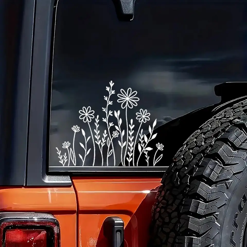 Wildflowers Boho Fun Reflective Car Vinyl Sticker, Plant Lover Gift Idea, Bumper Sticker, Car Sticker, Decorative Car Window Decal 6 inch (White)