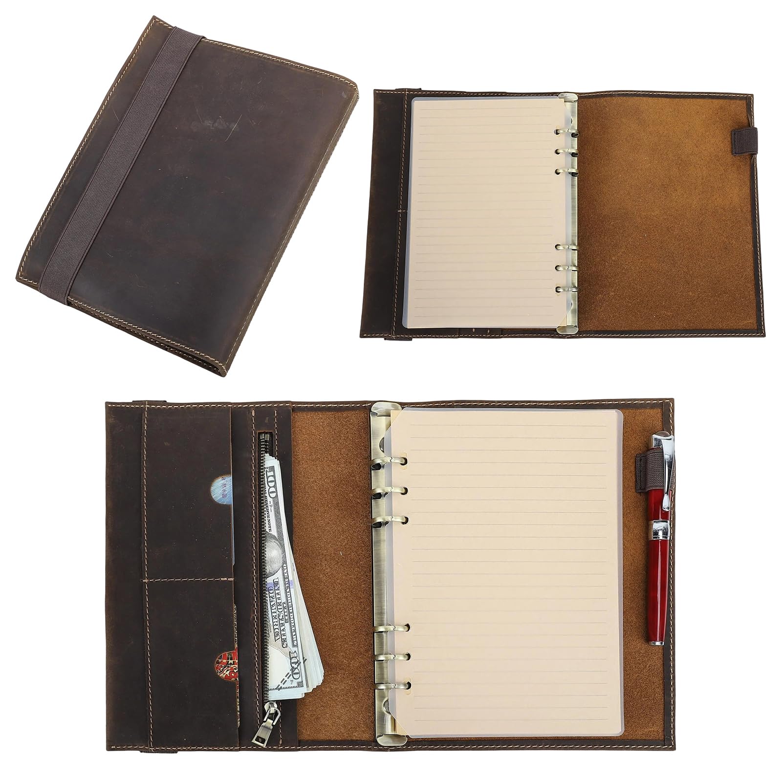 Full Grain Leather Protective Cover for A5 Notebook Traveler Diary, Leather Portfolio Organizer for A5 Ring Binder Notebook, with Zip Pocket, 2 Card Slots, Pen Holder and Elastic Strap, Coffee