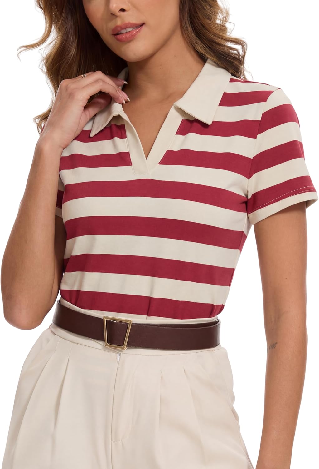 Women Striped Collared Shirts Golf Polo Cotton Blend Tops Short Sleeve T-Shirts Tennis Tee Summer Outfits