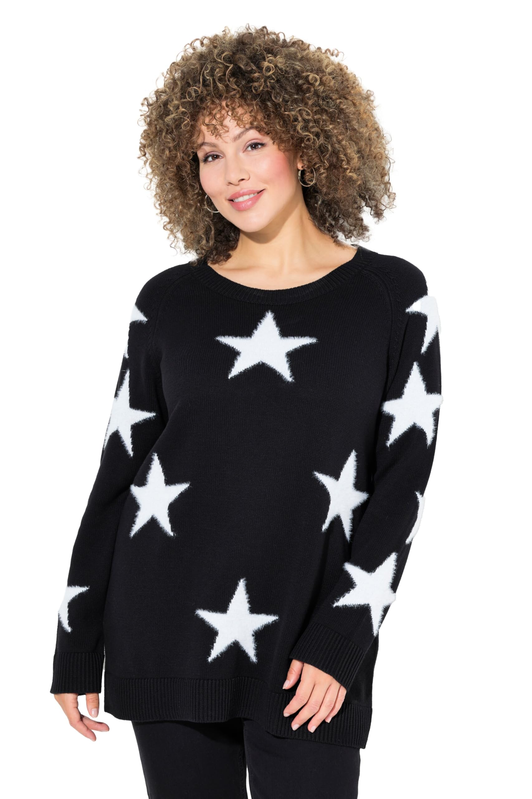 Ulla Popken Damen Pullover, Glitzersterne, Rundhals, Raglan-Langarm Pullover