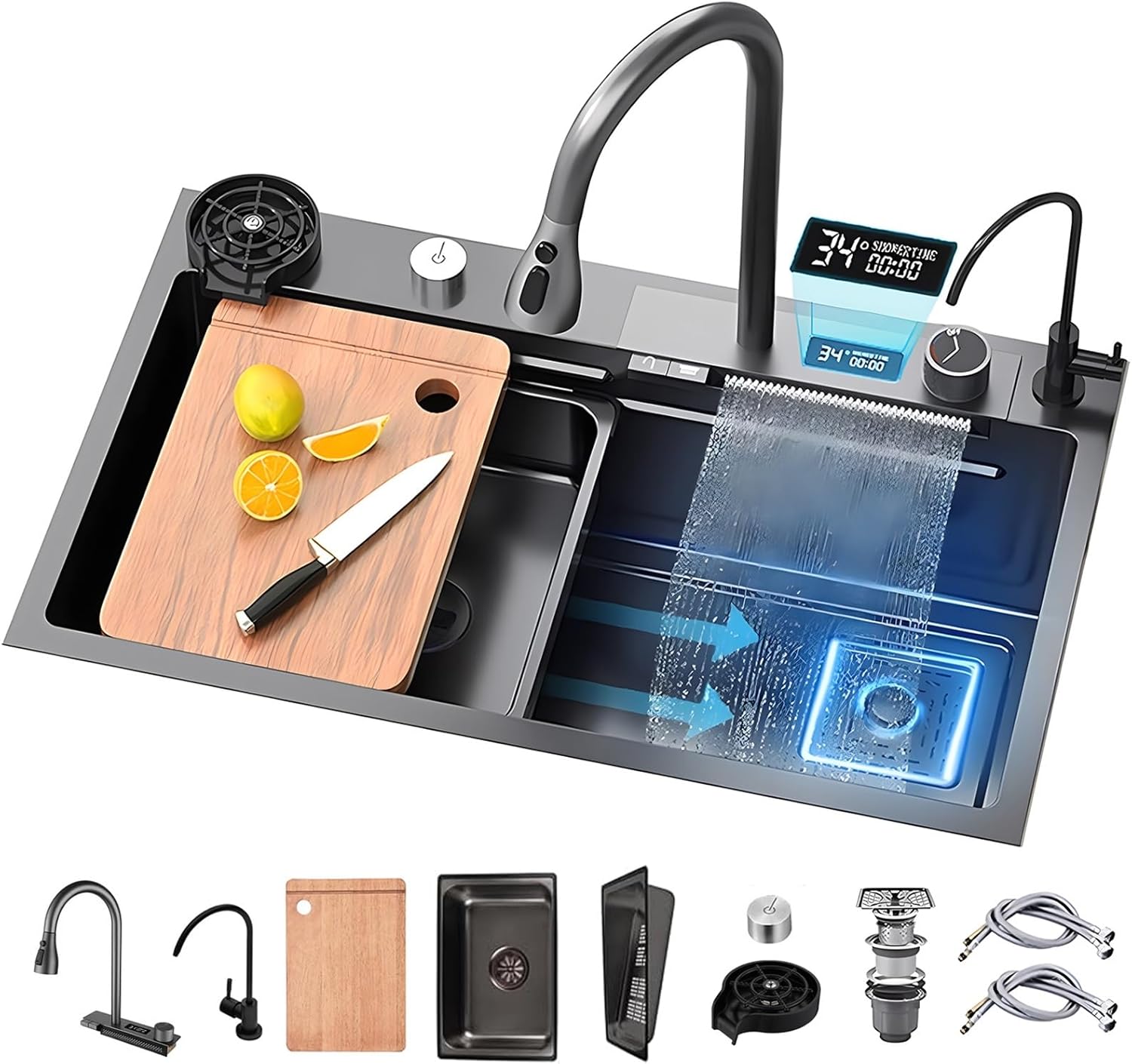 80Cm Nano-Coated Black Grey Stainless Steel - Large Workstation with Pull-Out Faucet Glass Washer & Accessories - Modern Deep Basin for Home S,B-85x45cm