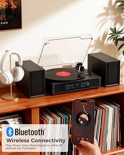 Miniatura 3 de Reproductor de discos de vinilo con 4+2 altavoces estéreo externos Bluetooth, tocadiscos de 3 velocidades con correa para discos de vinilo, dos