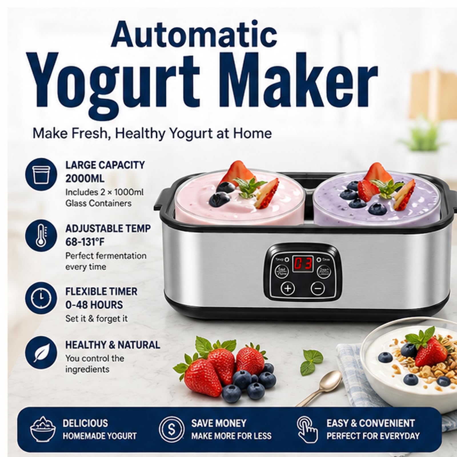 Yogurtiera Automatica da 2000 ml con 2 vasetti di Vetro, Yogurtiera in Acciaio Inossidabile con Display a LED, Controllo Tempo e Temperatura Regolabile fino a 48 Ore, per Yogurt Biologico Fatto in Cas
