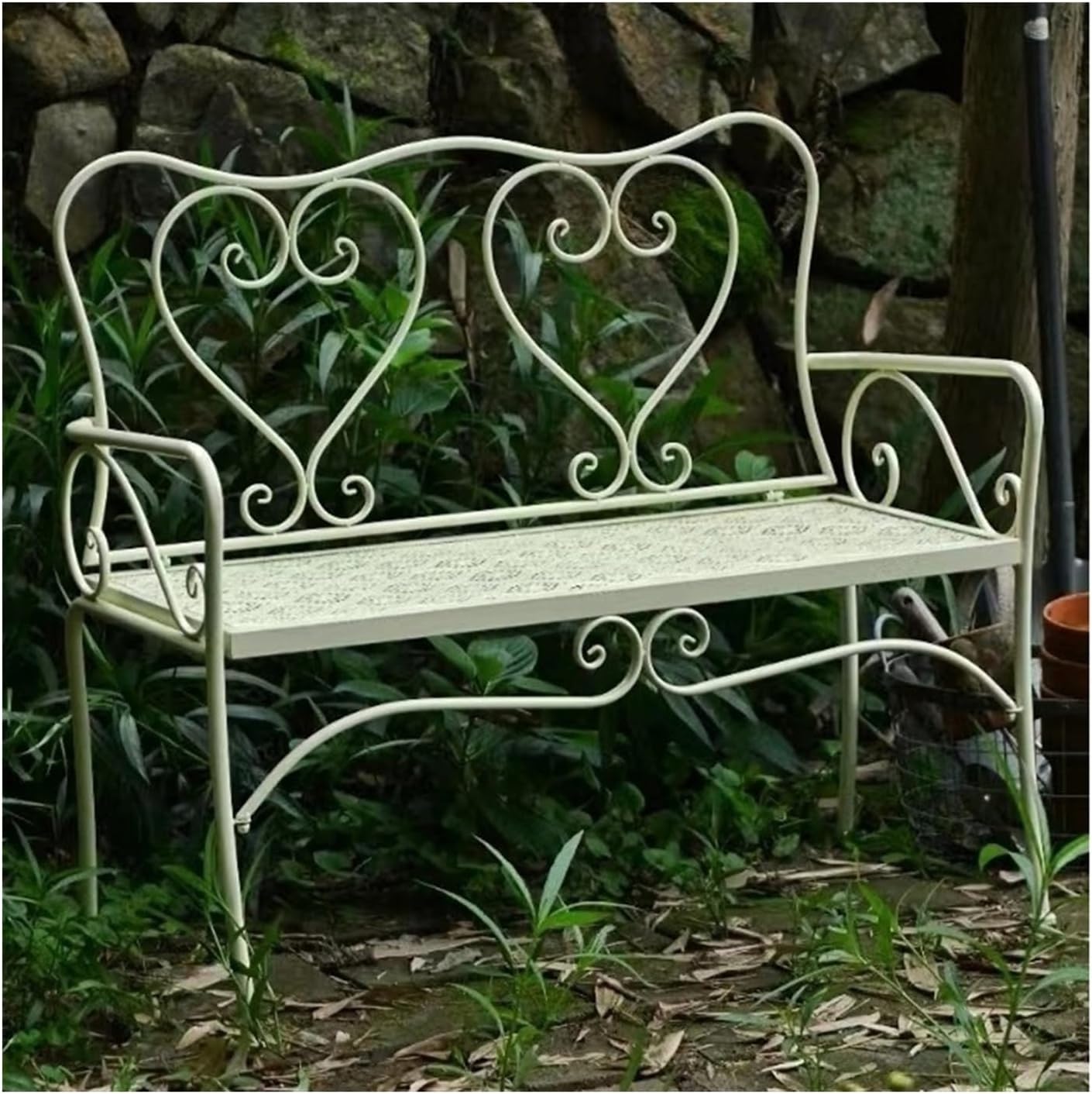 Garden Garden Bench, Heart-Shaped Metal Outdoor Bench with Backrest, Elegant Terrace Leisure Seat for 2 People Seat(Ivory)
