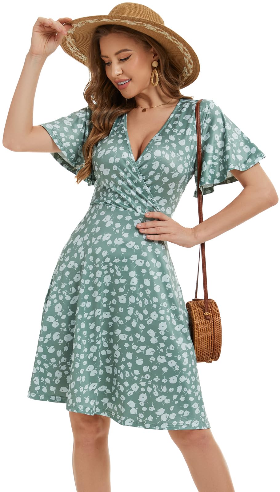 Women Casual Summer Dress 2025 Beach Vacation Floral Sundress Short Sleeve Wrap V-Neck Modest Dresses