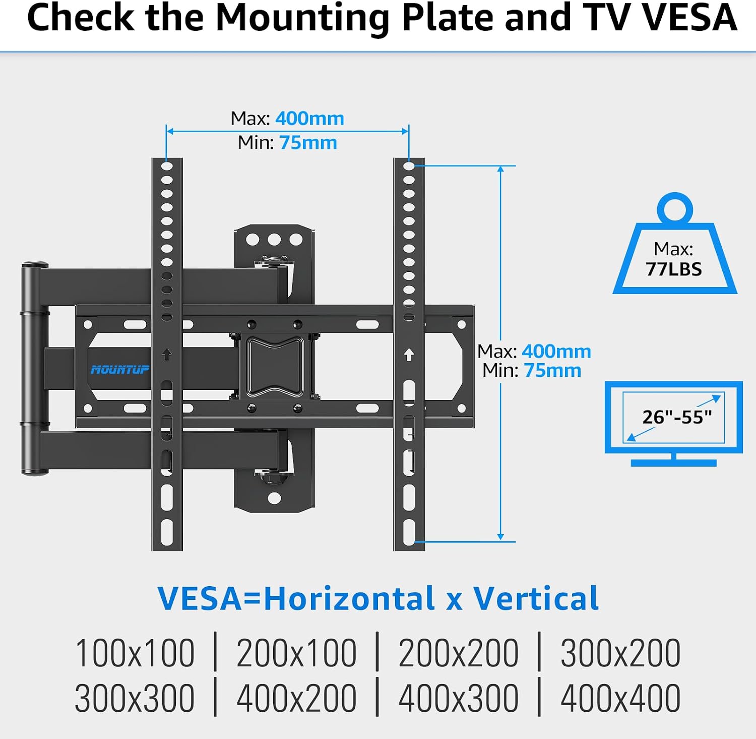 MOUNTUP Full Motion TV Wall Mount for 26-55 Inch TVs, Corner Wall Mount Single Articulating Arm TV Bracket Up to 77lbs, Max VESA 400x400mm, Supports Swivel, Tilt, Level Adjustment