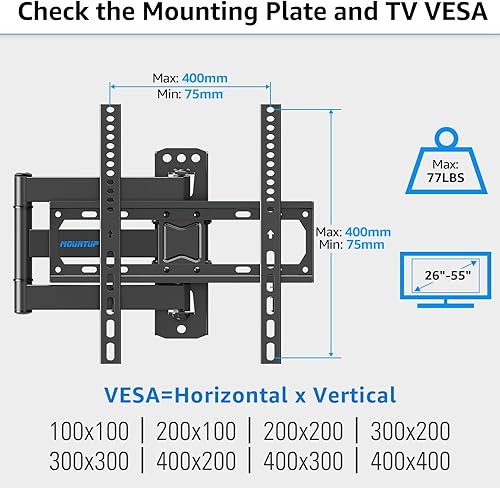 Miniatura 7 de MOUNTUP Soporte de pared para TV de movimiento completo para televisores de 26 a 55 pulgadas, soporte de pared de esquina con brazo articulado único