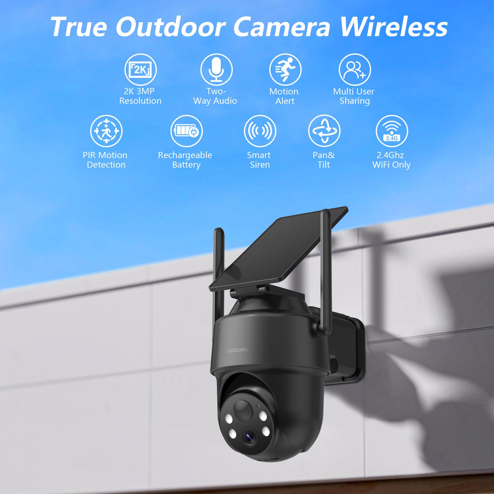 GALAYOU 2K Camera Exterieur sans Fil - Caméra de Surveillance Extérieur avec Panneau Solaire, PIR Alerte Instantanée, Détection Humaine AI, Vision Nocturne en Couleur, Audio Bidirectionnel, R1 (Noire)