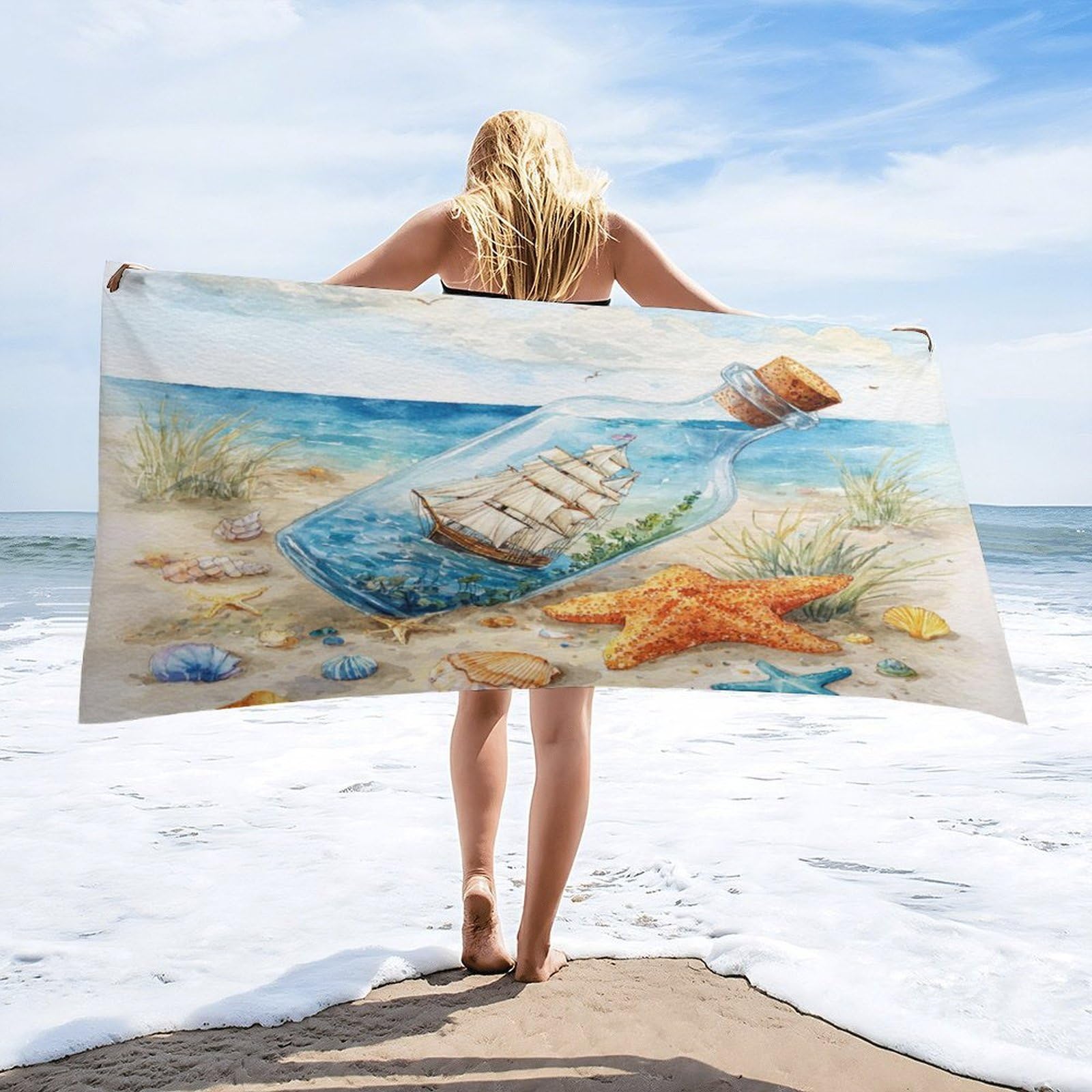 Luyysky Funny Nautical Pirate Ship Absorbent Beach Towel, Classic Oil Painting Seaside Animals Seagulls Starfish Shells Outdoor Single-Sided Velvet Beach Towel-80 W Cm X 160" L Cm
