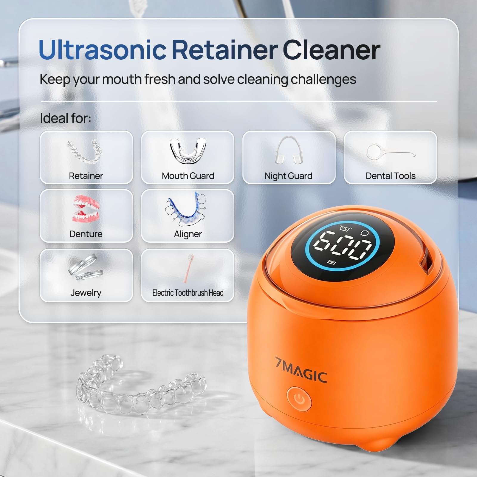 7MAGIC Pulitore ultrasuoni per bite dentale, 48 kHz, UV-C, Arancione
