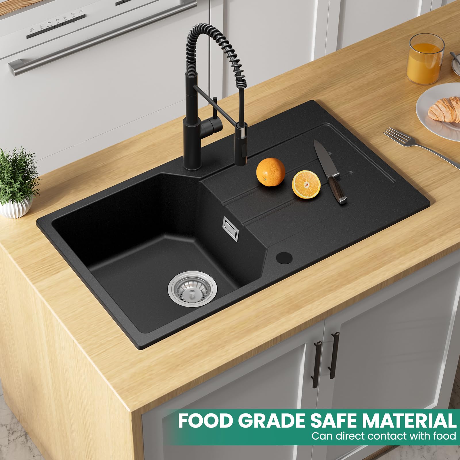ANYCEE Fregadero Negro 78x45 cm con Escurridor, Fregadero Granito Para Mueble Bajo 45 cm