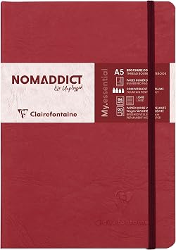 Clairefontaine 793462C Collection Age Bag One Stitched My.Essential Stitched Elastic Notebook Red - A5 14,8x21 cm - 192 Numbered Lined Pages - 90 g Ivory Paper - Grain Leather Glossy Hardcover