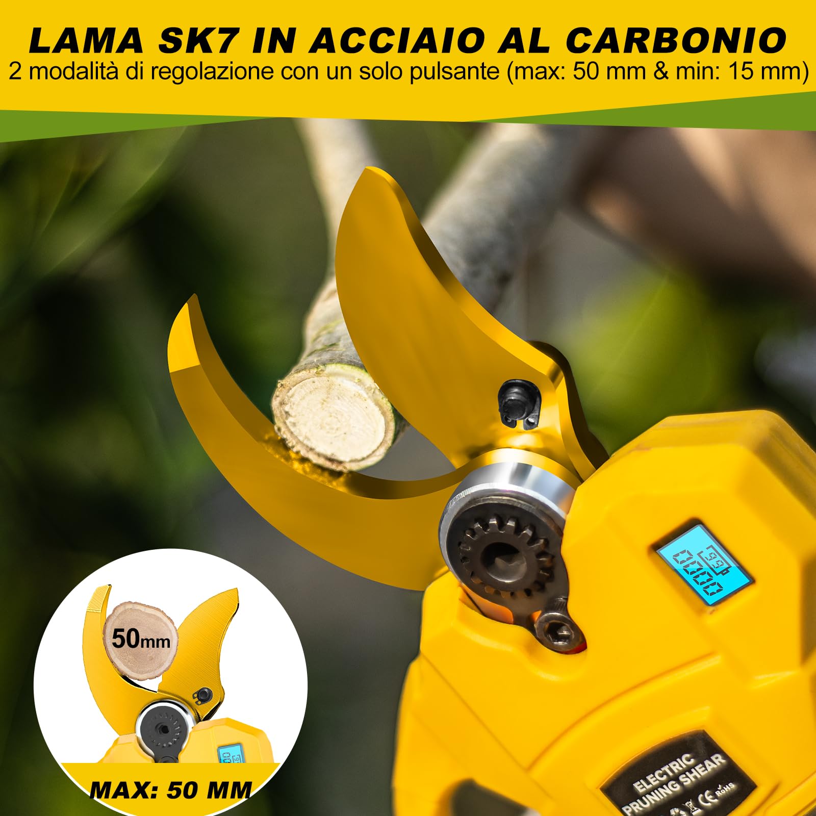 Forbici Potatura a Batterie, 40-50 mm Brushless Cesoie Potatura Elettriche Professionali con LCD Display, 2x2000mAh Batterie，SK7 Lame,Forbici Potatura Elettriche per Giardinaggio,Frutteto,Fattoria