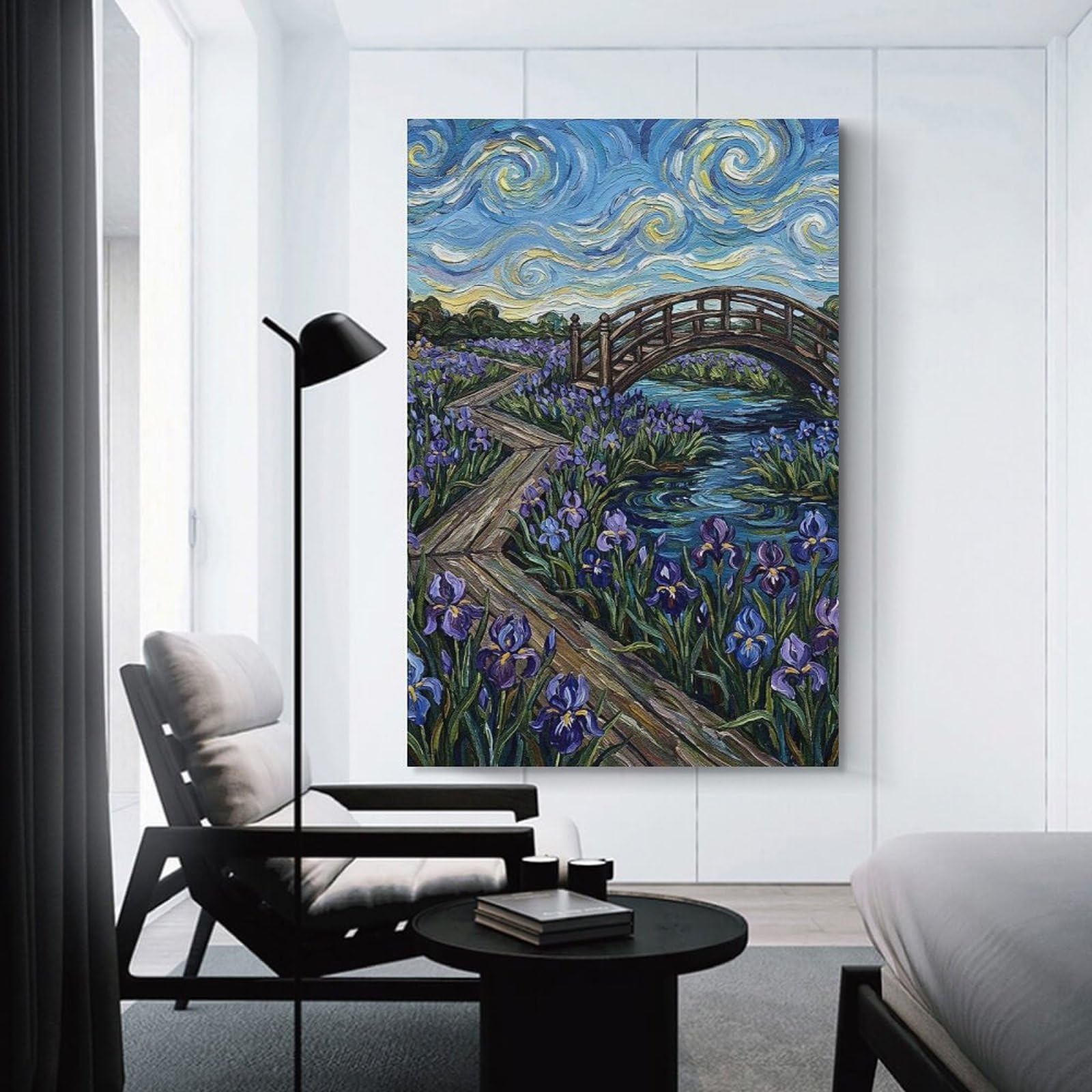 Junmoney Bridge over Irises in Starry Sky Wall Picture Print, 20x30inch(50x75cm), for Art Walls, Layered Displays Or Homes, Home Wall Art for Statement Displays