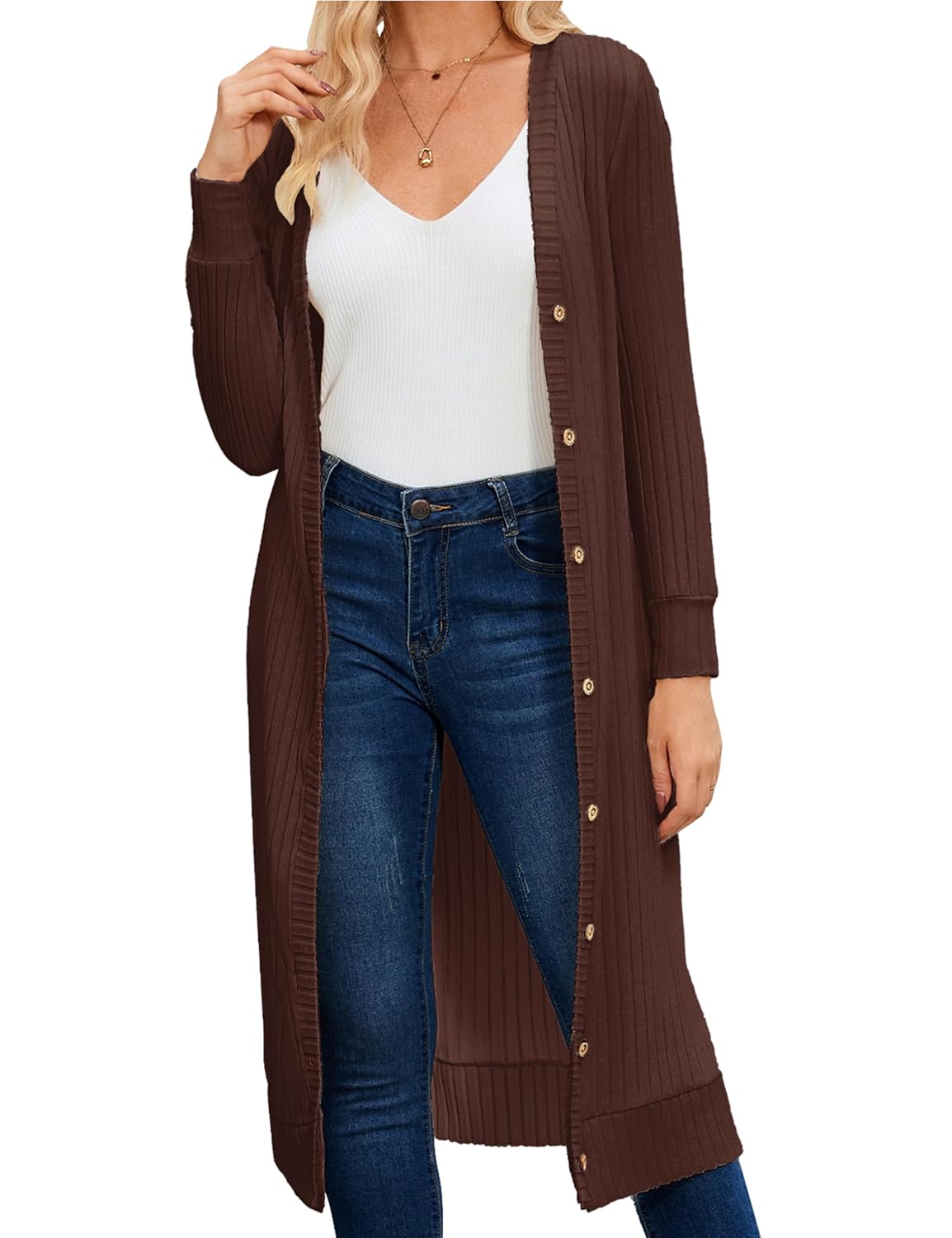 MAKABO Womens Long Cardigans Lightweight V Neck Knit Button Front Sweaters with Pockets Trendy Outfits for Business Casual