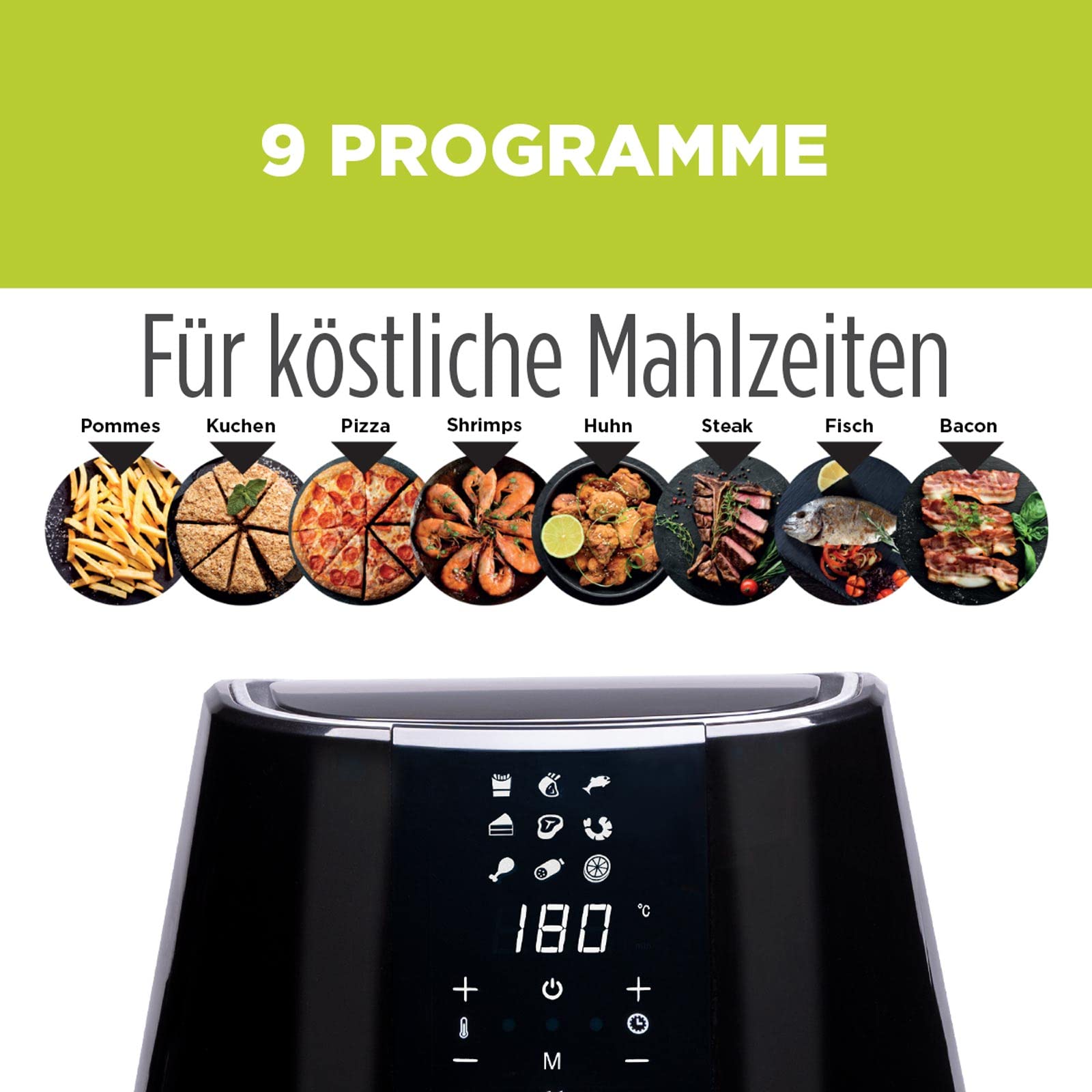 ROSMARINO Frytkownica beztłuszczowa, 3,5 l, XL, Air Fryer z cyfrowym ekranem dotykowym LED, 9 programów, podgrzewanie wstępne i utrzymywanie ciepła, tryb shake, 100 przepisów po niemiecku, 1500 W