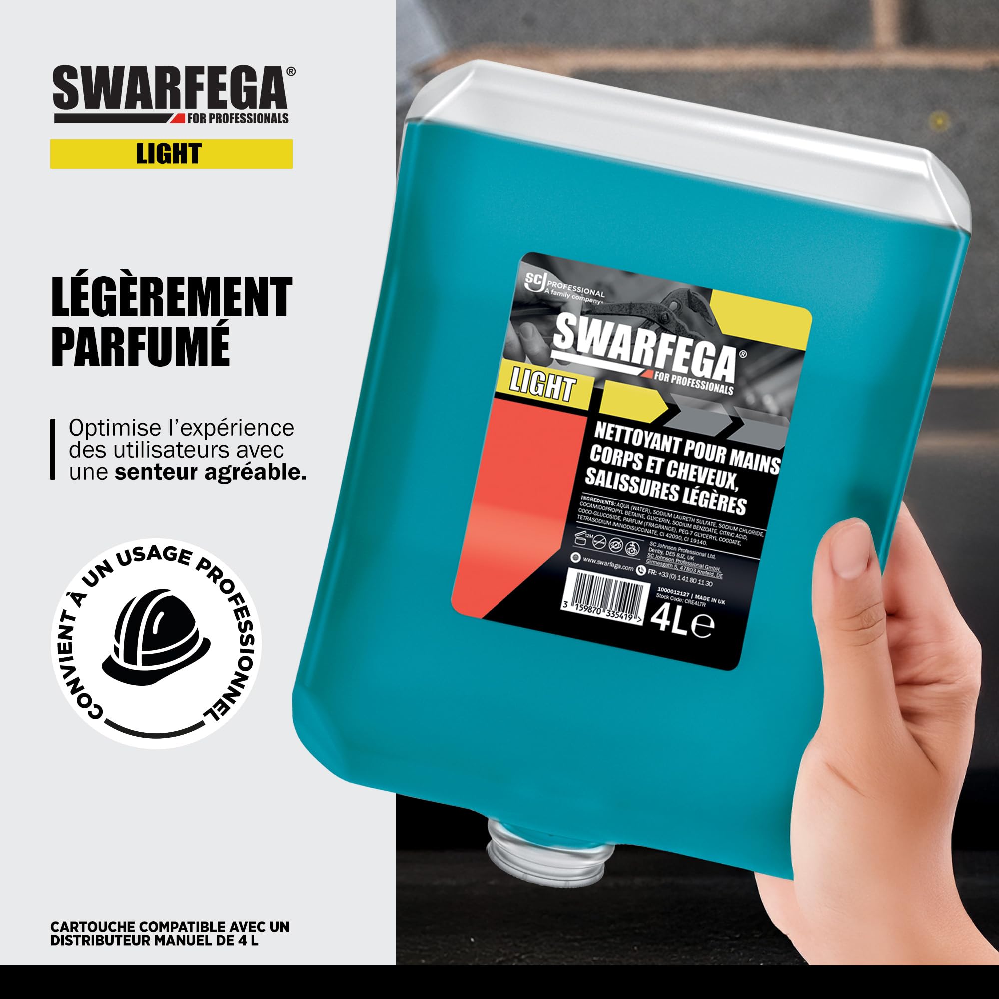 Swarfega Light – Nettoyant Mains, Corps et Cheveux – Recharge 4 L – Formule Hydratante – Usage Professionnel