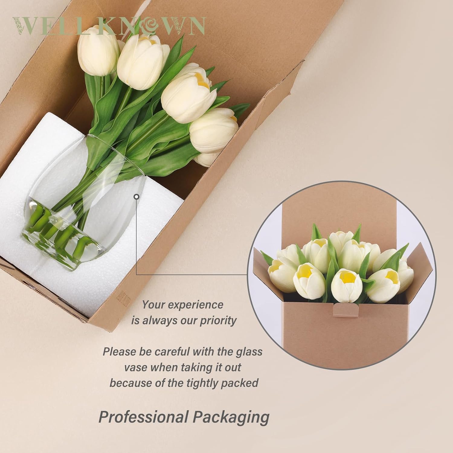 WELL KNOWN 12 Pcs Tulips Artificial Flowers in Vase, Real Touch Tulips with Vase with Upgrate Acrylic Water Flower Arrangements Centerpiece for Dining Room Table Decoration(Cream) - Image 5