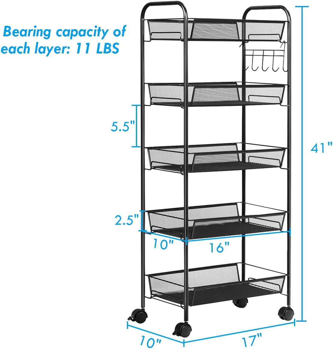 Giantex Storage Rack Trolley Cart Home Kitchen Organizer Utility Baskets with 5 Hooks (5 Tier, Black)