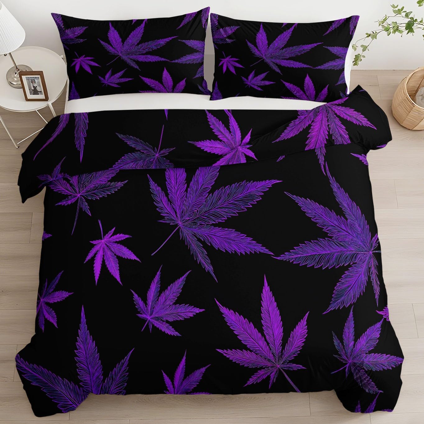 Parure de lit 90x190 housse de couette violette noir motif plante feuille zip