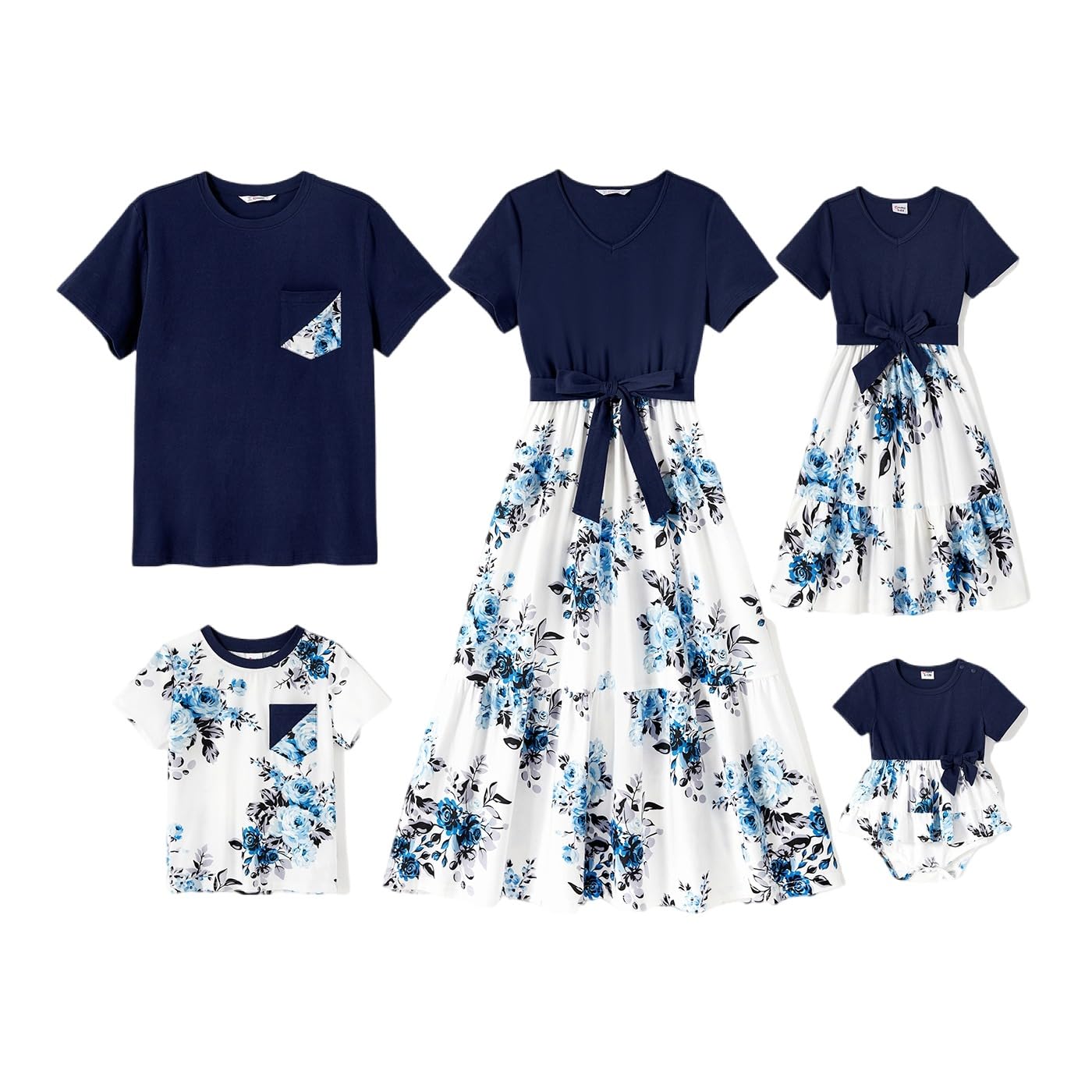 PATPATFamily Matching Outfits Short Sleeve Belted Spliced Pattern Print Dresses and Casual T-Shirts Matching Sets