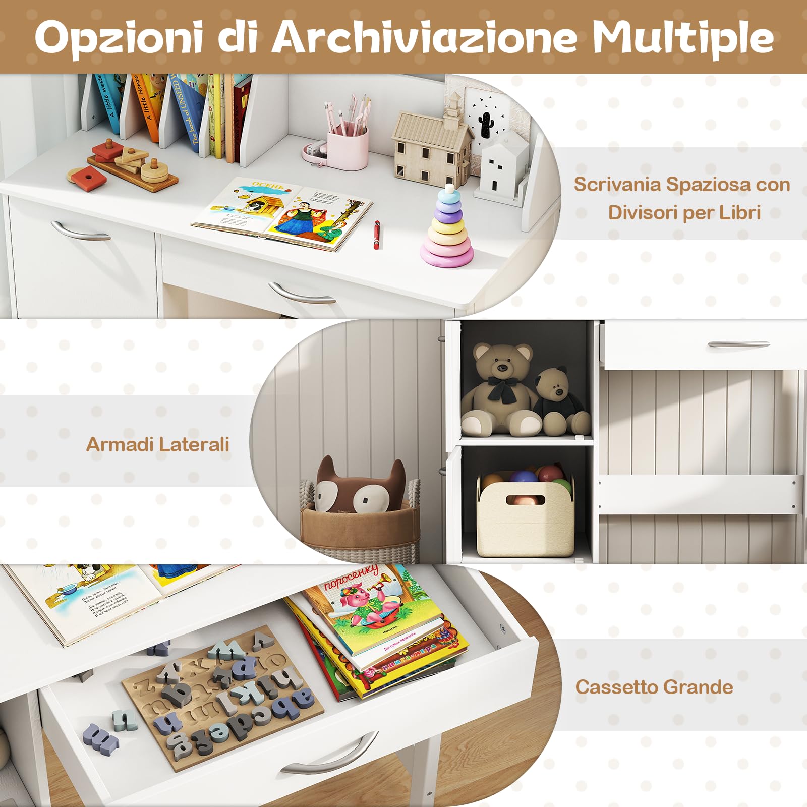 RELAX4LIFE Set Tavolo e Sedie per Bambini con Cassetto, Nicchia e Armadietto per Scuola/Studio, Adatto ai Bambini 4-8 Anni (BIANCO)