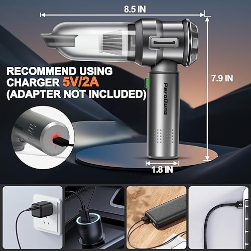 Miniatura 7 de PeroBuno Aspirador de coche de alta potencia, 18 KPa potente, 35 minutos de tiempo de funcionamiento, 3 engranajes, plumero de aire comprimido 2 en