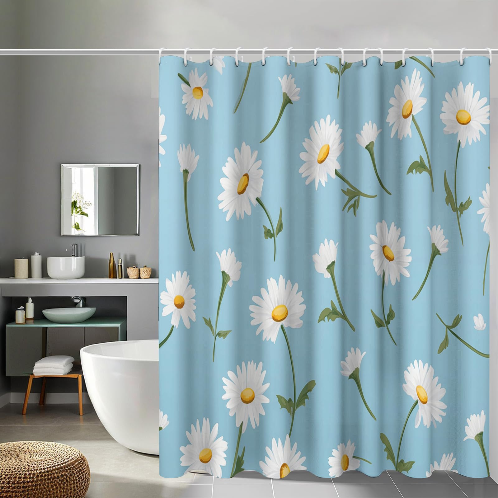 Rideau de douche imperméable et lavable en machine 240x200 cm bleu ciel imprimé marguerites