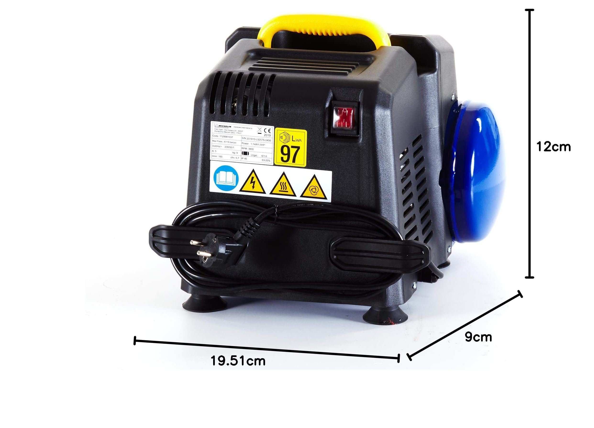 MICHELIN - Compresor de aire portátil MBL6 - Tanque de 6 litros - Sin aceite - Motor de 1,5 hp - Presión máxima 8 bar - Flujo de aire 160 l/min - 9,6 m³/h
