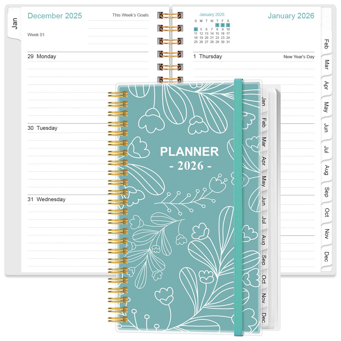 2026 Pocket Planner/Calendar - 2026 Weekly & Monthly Planner from January 2026 to December 2026, 12 Months Tabs, 3.75" x 6.75", Teal Leaf