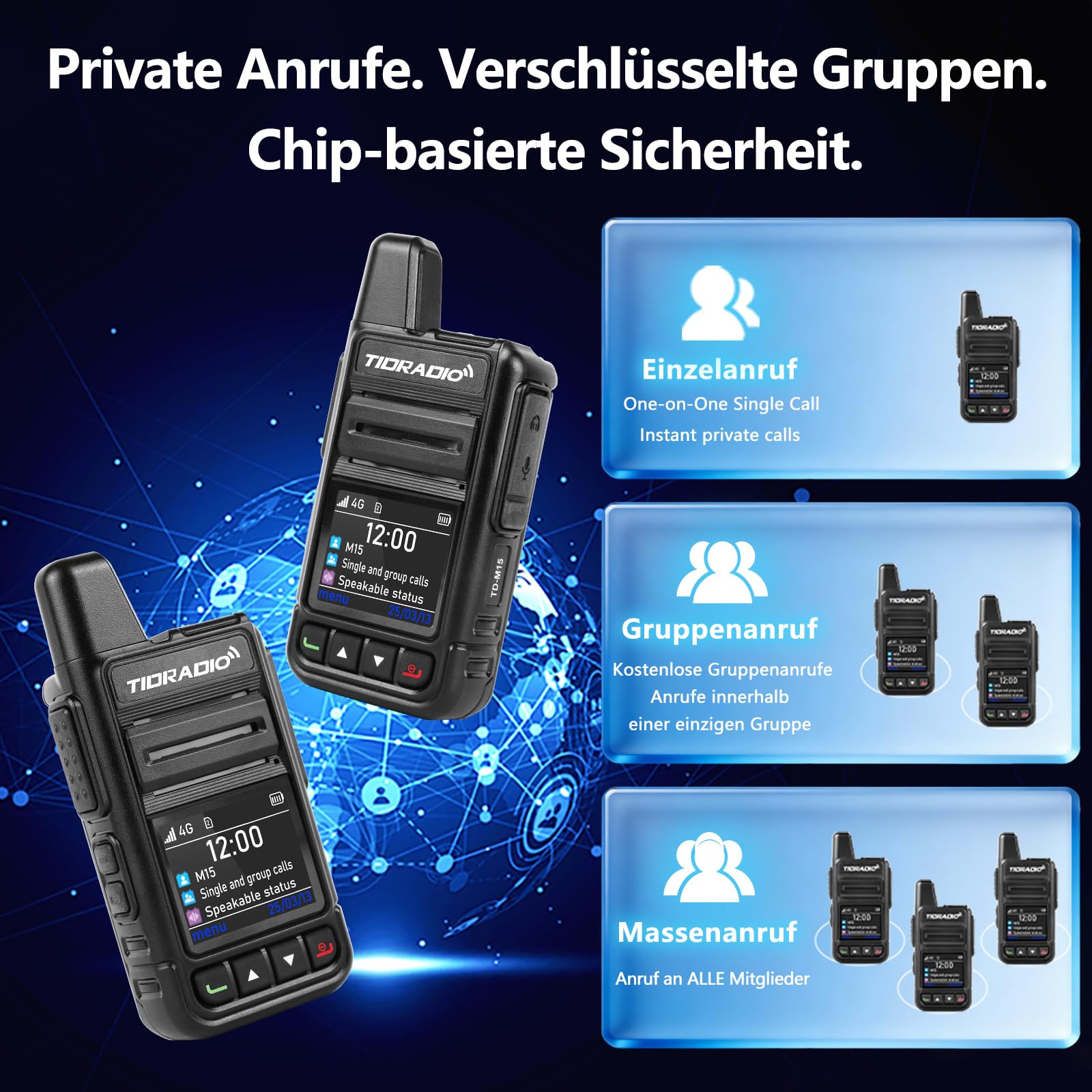 TIDRADIO TD‑M15 Global Walkie Talkie, 4G LTE PoC Funkgerät mit europaweiterer Abdeckung, Funkgeräte 6000 km Reichweite & 1 Jahr gratis Daten inkl. SIM‑Karte, Für Familie, Gewerbe, Logistik, 2er Set