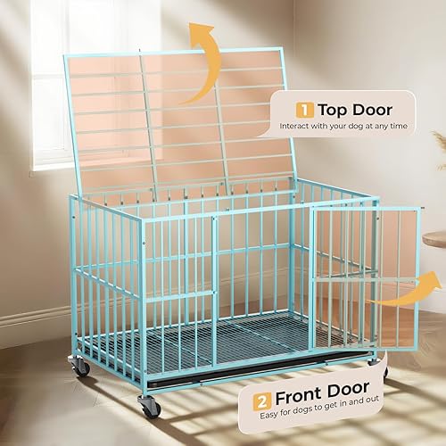 Miniatura 26 de Jaula de acero resistente de 48 pulgadas para perros, a prueba de escape, puertas dobles para interiores y ruedas con cerradura, bandeja extraíble