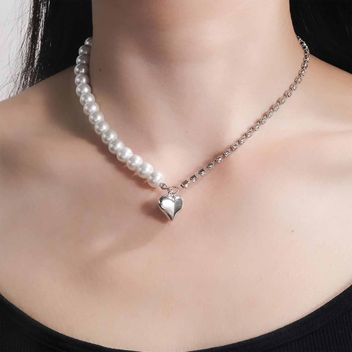 Andelaisi Boho Pearl Choker Necklace Silver Crystal Tennis Chain Necklace Vintage Heart Pendant Necklace Sparkly Cz Tennis Chain Asymmetrical Necklace Jewelry for Women - Image 2