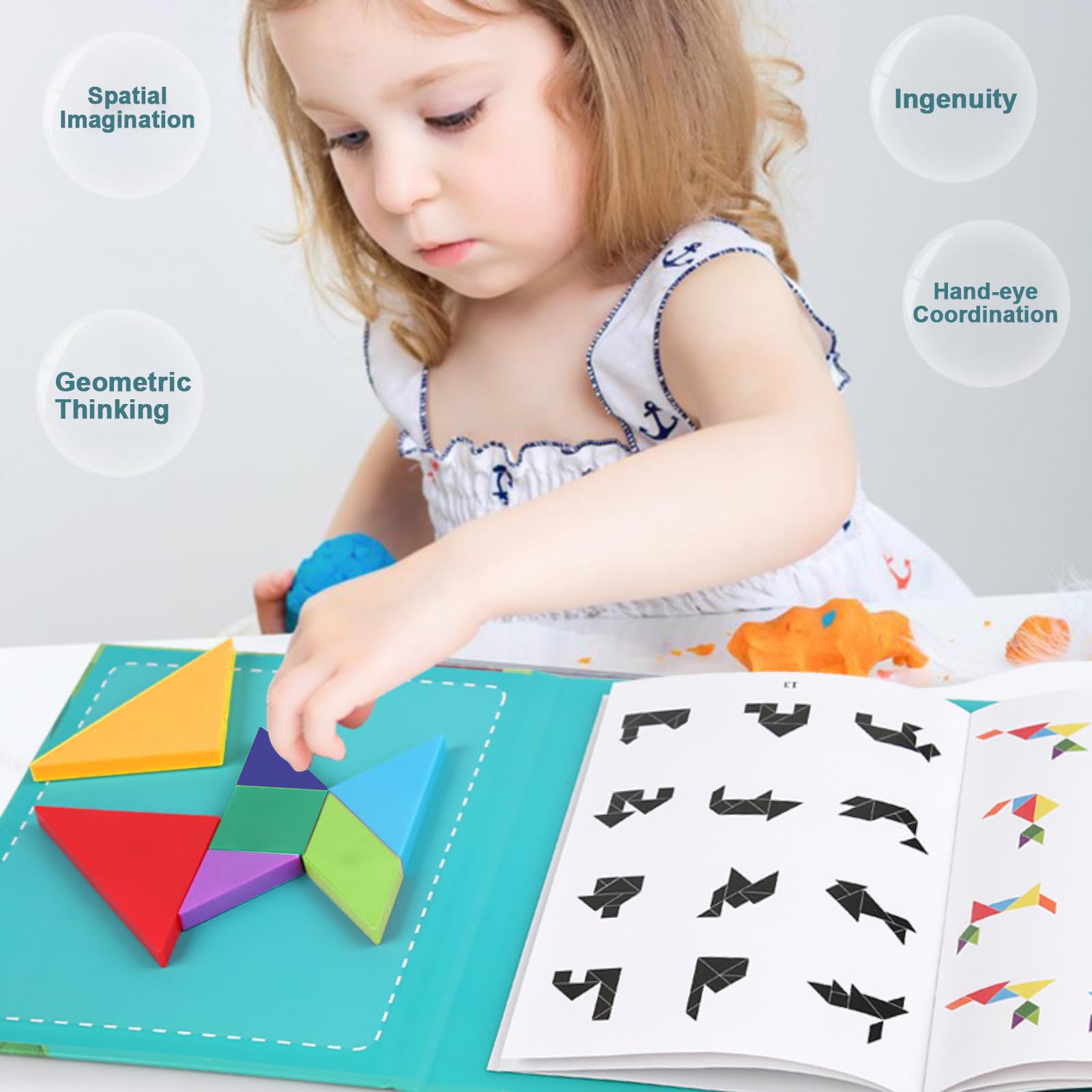 Puzzle Tangram Magnetico In Legno, 225 Pezzi Colorati, Con Schede Modello, Giocattolo Educativo Per Bambini