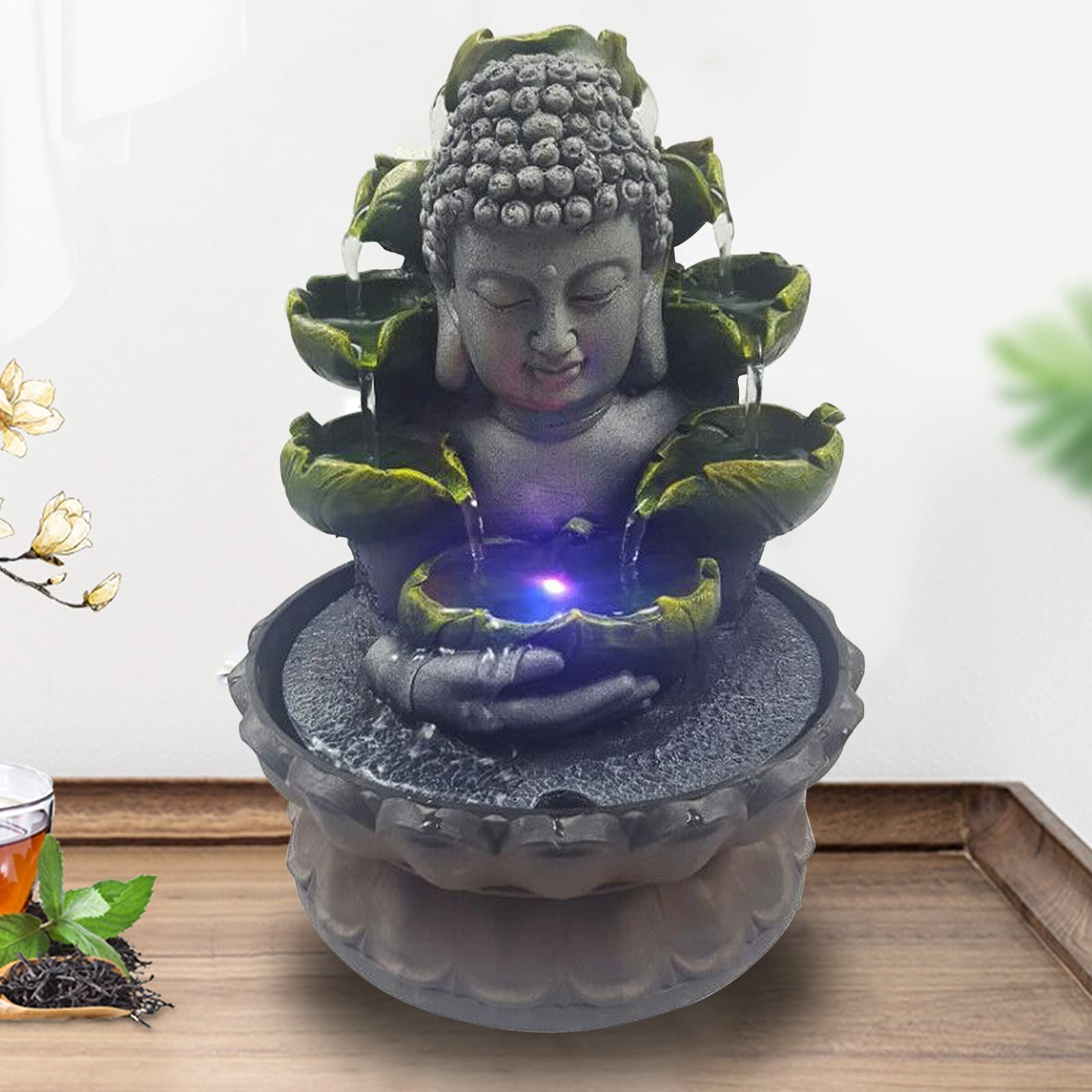 Fontaine d'intérieur avec éclairage RGB, fontaine de table Bouddha Fengshui, méditation, décoration intérieure relaxante pour beaucoup de chance, idéale comme cadeau