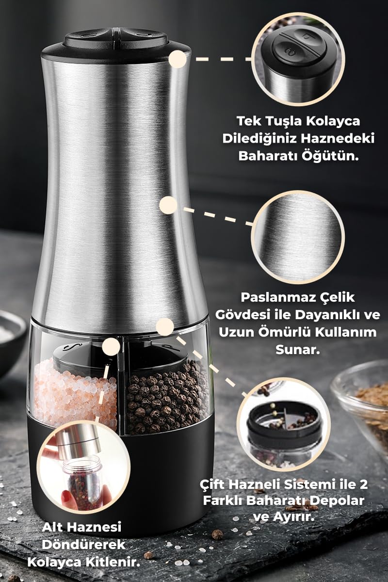 Dual Paslanmaz Çelik Çift Hazneli Otomatik Tuz & Karabiber Öğütücü Pilli - Metalik