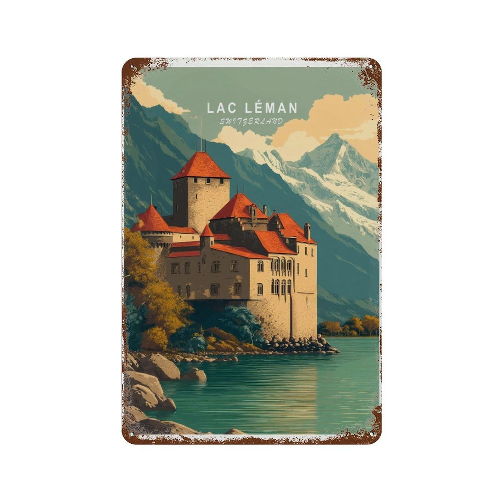xiaoxiaoshen Lac Léman Travel Switzerland Lake Geneva Hanging, Minimalist (2) Wall Decor Art Metal Tin Poster Modern Home Decor Art Home Bar Shop Decorations Vintage Sign 30x20cm