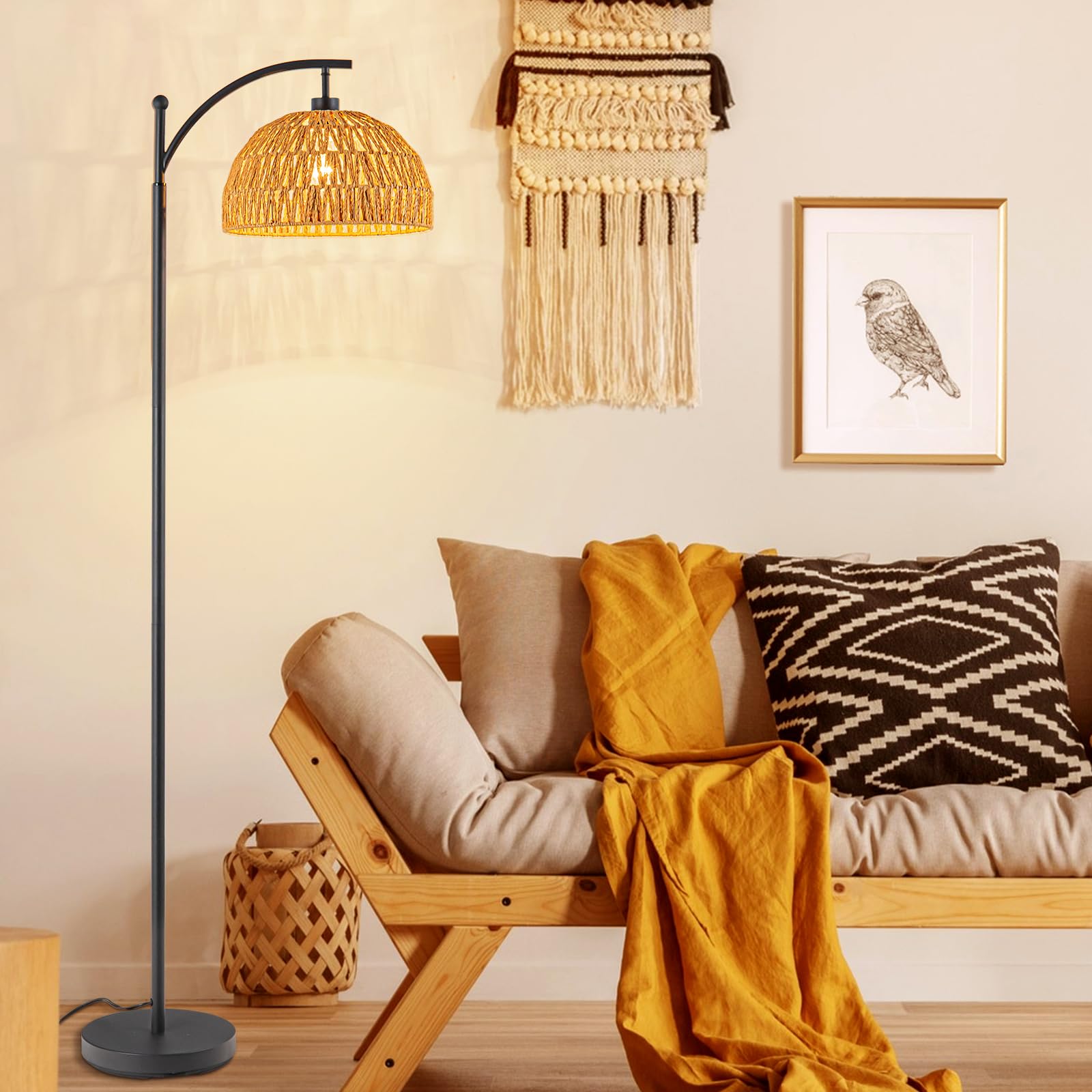 Newfs Boho Floor Lamp, Farmhouse Arc Floor Lamp for Living Room