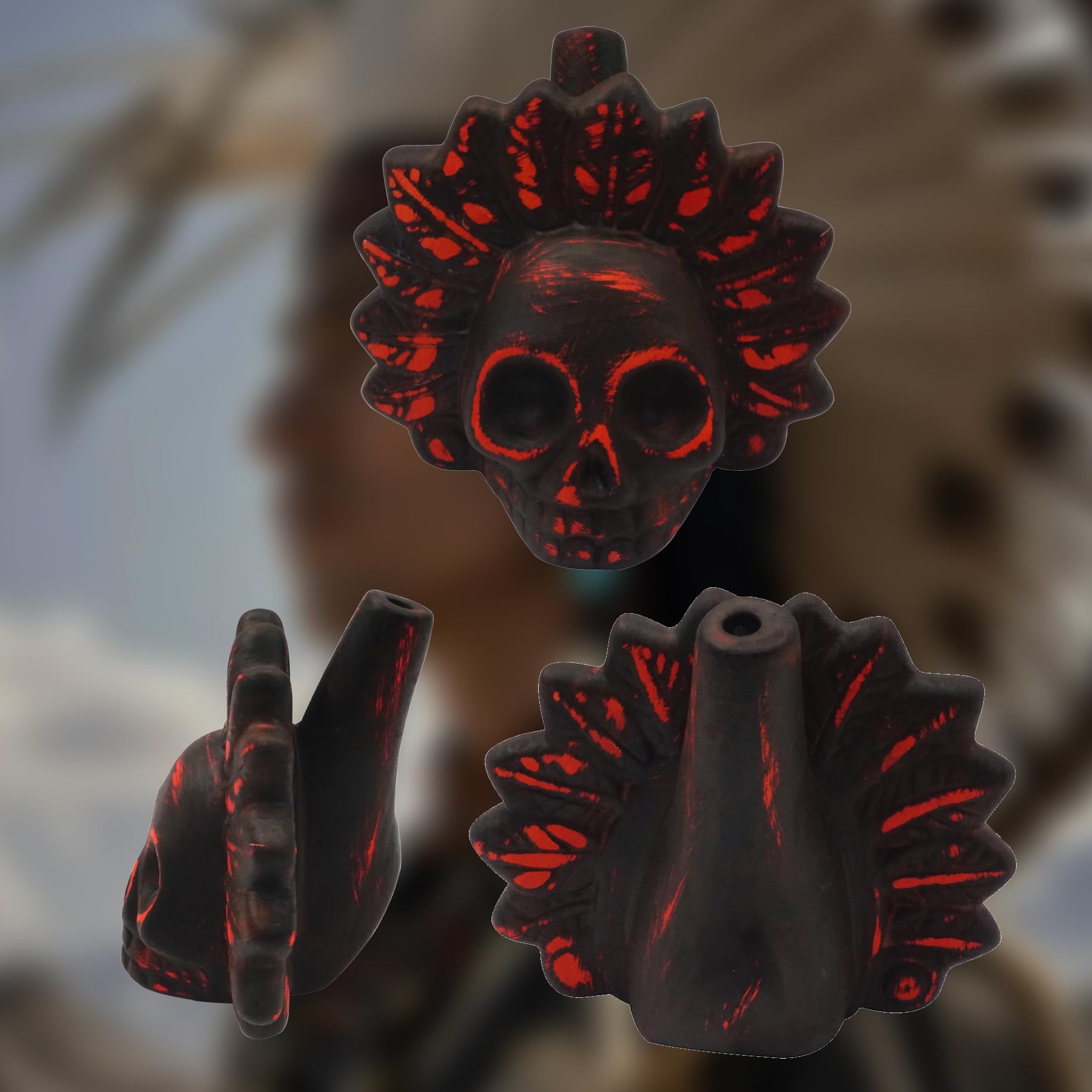 Silbato Azteca de la Muerte, 125 dB+ Sonidos Humanos Gritando, Fiesta Temática de Halloween, Silbato de Calavera Humano Fuerte Gritando Azteca (Negro y Anaranjado)