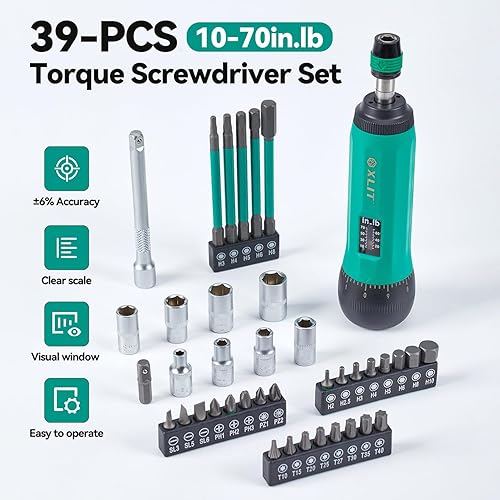 Miniatura 2 de Juego de destornilladores dinamométricos de 39 piezas, cabezal hexagonal de liberación rápida de 14 pulgadas, ajustable de 10 a 70 pulgadas, juego