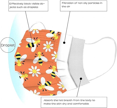 Miniatura 4 de Paquete de 50 mascarillas desechables de primavera para adultos diseño de abeja verano 3 capas máscaras de papel de colores para vacaciones mujeres