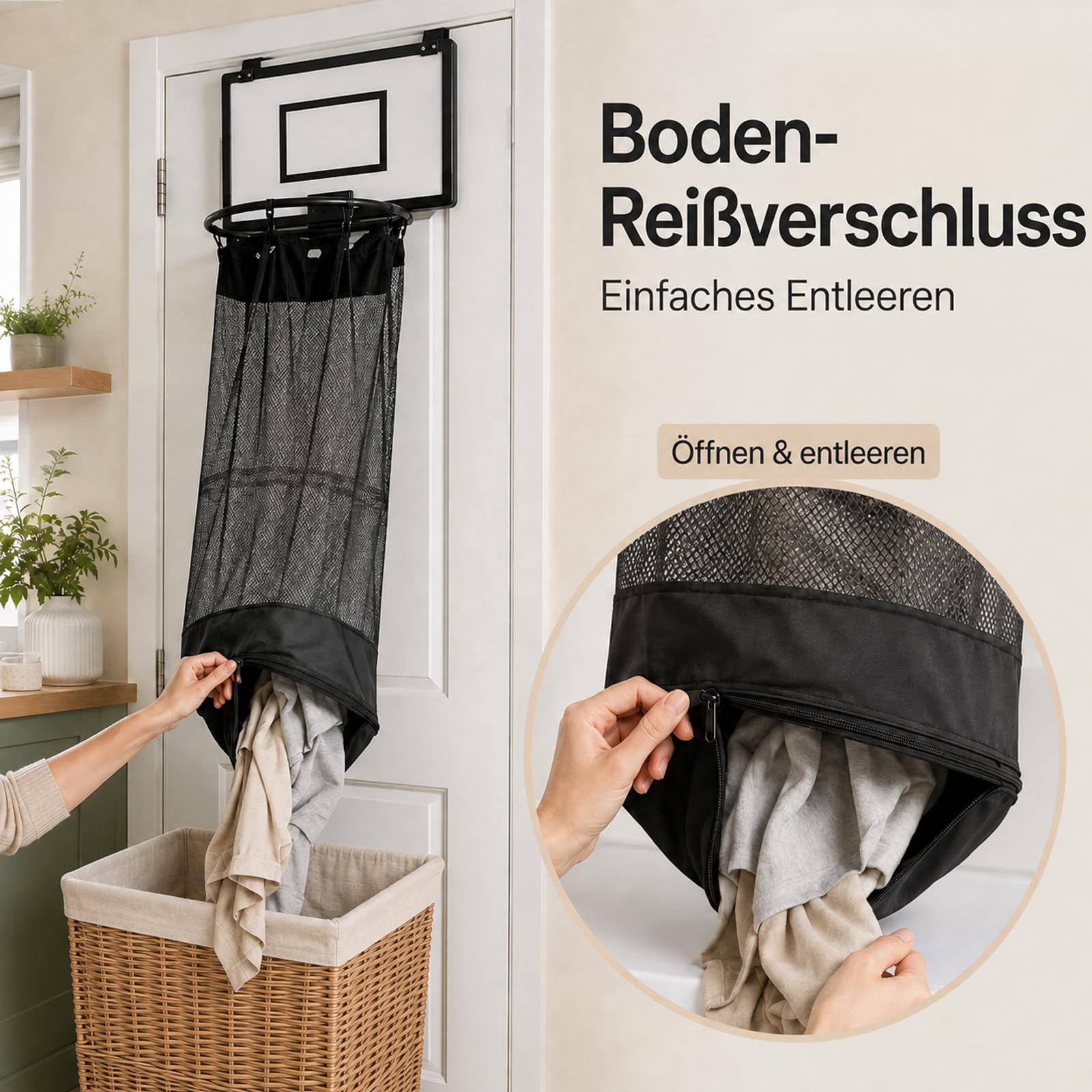 Basketball WäSchekorb, 2 in 1 Basketball Hoop Laundry Basket for Hanging on The Door with Wooden Back Panel Korb Netz, HäNgender WäSchekorb für Badezimmer und Schlafzimmer (A)